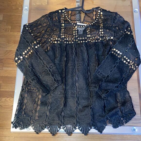 Maeve by Anthropology black lace blouse with bronze studs throughout - Picture 6 of 16